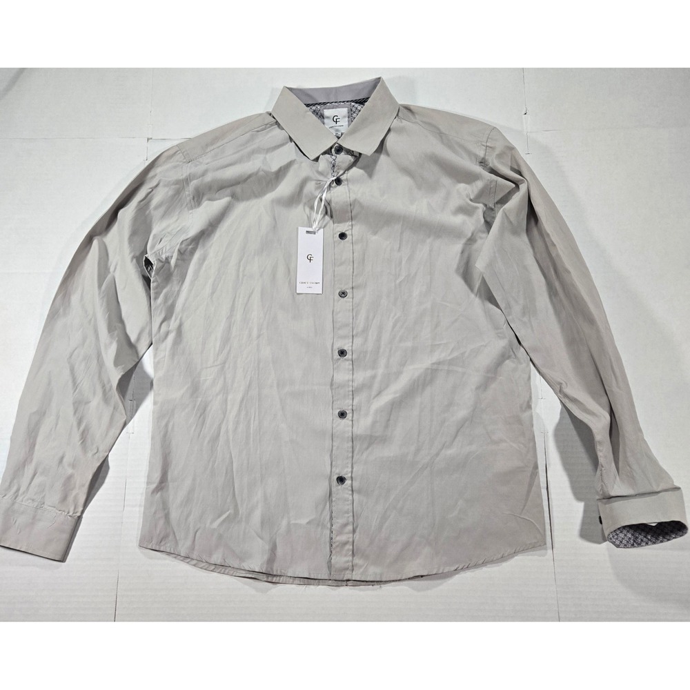 NWT Craft + Flow Mens Button Down Shirt XL Light Grey Beige Contrast Trim Long
